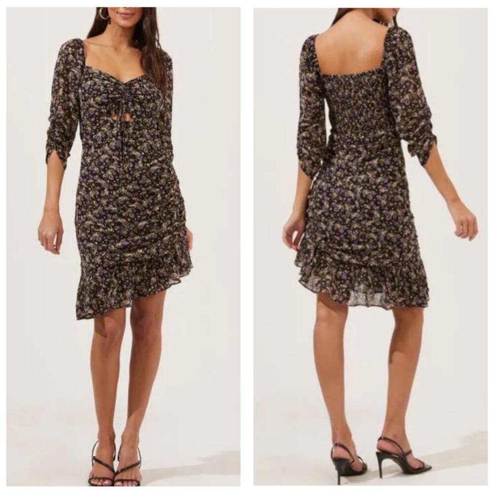 NWT ASTR The Label Sweetheart Cut Out Dress Large Floral Ruched Asymmetric Hem